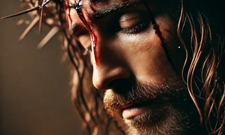 Close-up image of Jesus Christ wearing a crown of thorns, with blood dripping from his forehead, symbolizing the suffering during the crucifixion