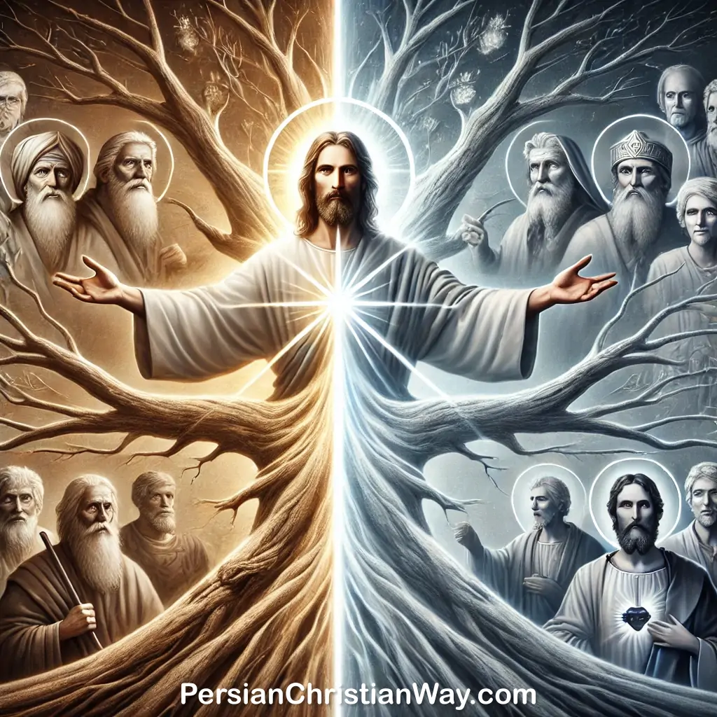 A detailed image of Jesus Christ standing at the center with a glowing aura, His face serene and clear. Moses and Abraham are on one side, and the New Covenant is represented by the cross and early Christians on the other.