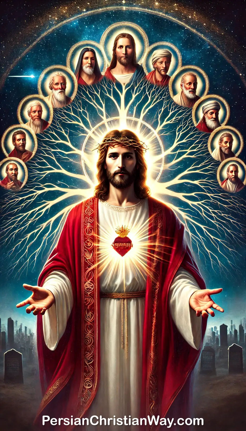 Jesus Christ standing in the center, wearing deep red and white robes, with a glowing halo