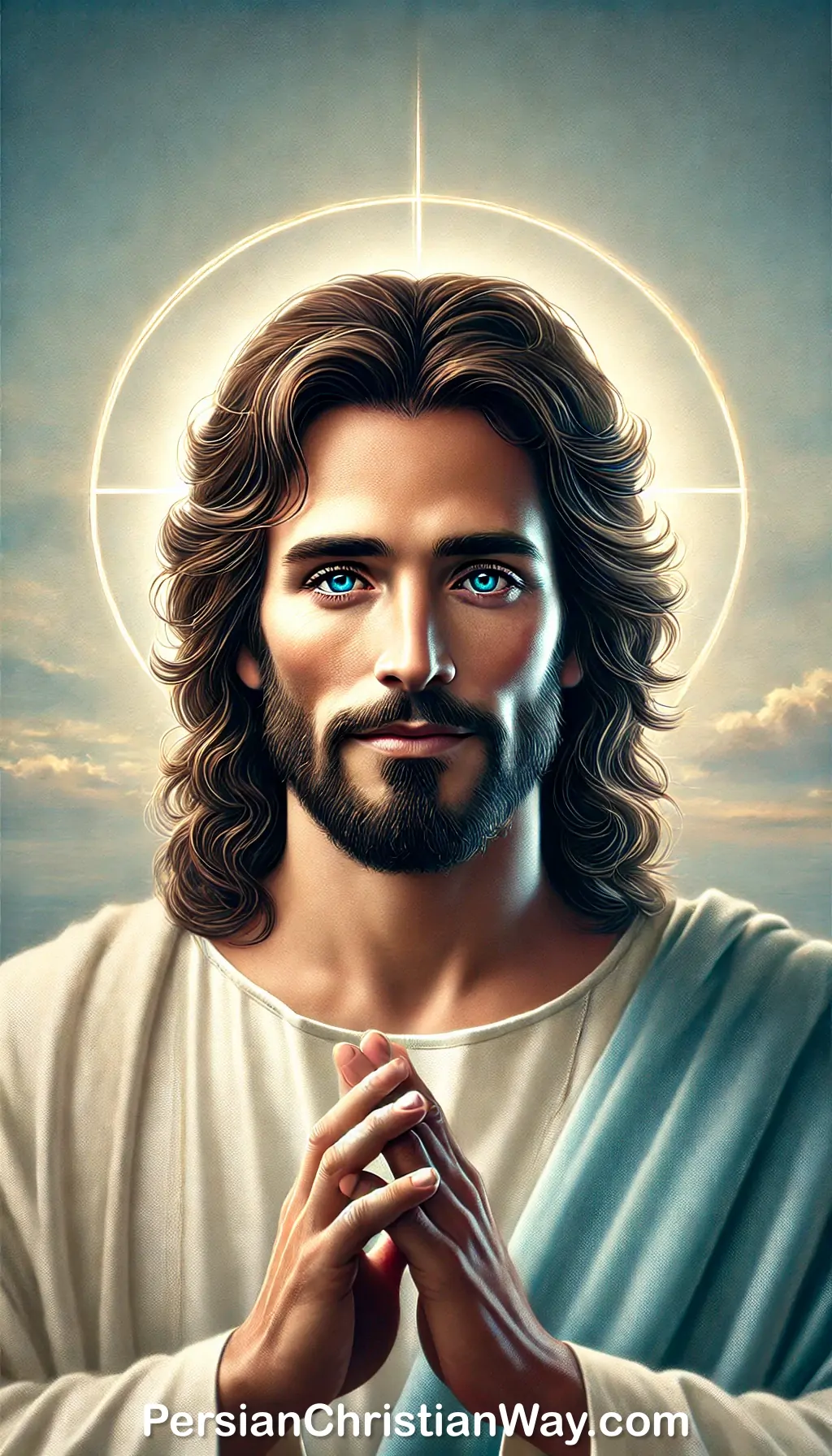 Jesus Christ with slightly wavy long dark brown hair, a defined beard, and compassionate eyes. He wears white and blue robes with a glowing halo around His head, hands in prayer