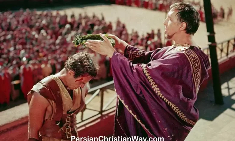 Scene from "Ben-Hur" featuring a Roman official crowning a warrior, ideal for those looking to download Ben-Hur movie.