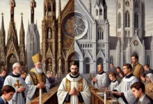 A visual comparison of Catholic and Protestant religious education, featuring a Gothic Catholic church with ornate stained glass and statues, alongside a minimalist Protestant church.