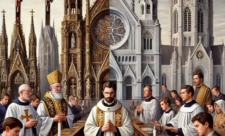 A visual comparison of Catholic and Protestant religious education, featuring a Gothic Catholic church with ornate stained glass and statues, alongside a minimalist Protestant church.