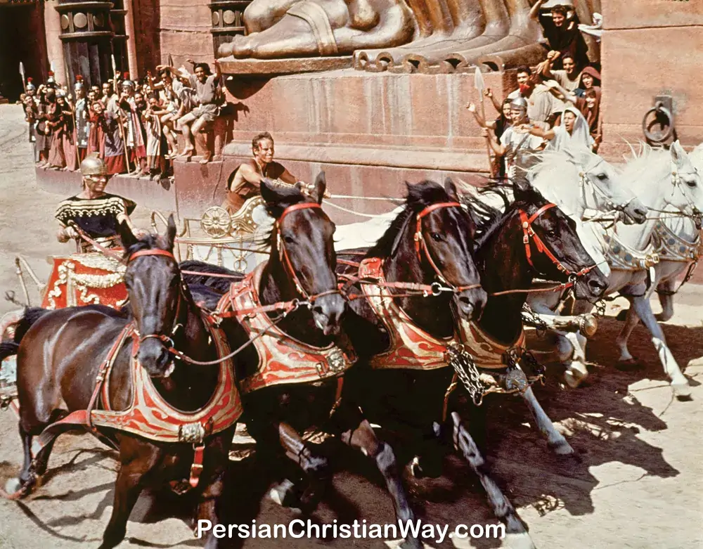 Epic chariot race scene from the movie "Ben-Hur," perfect for those looking to download Ben-Hur movie.