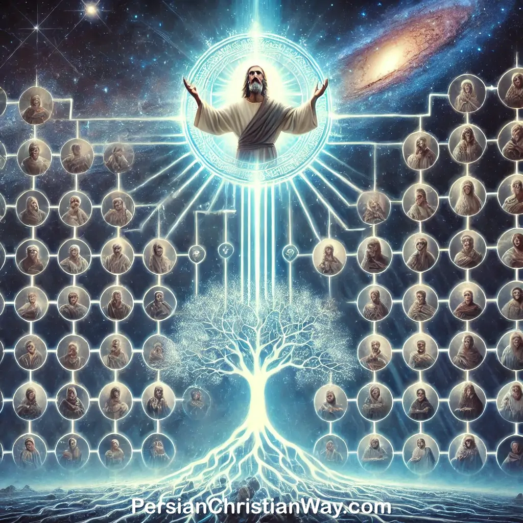 A conceptual image of Jesus Christ with a glowing aura, standing in front of a cosmic background. Behind Him, an intricate family tree symbolizes biblical genealogy, with key figures like Abraham and David etched into the branches.