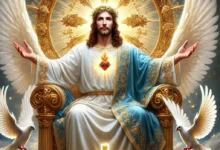 Jesus Christ seated on a golden throne, surrounded by angelic wings and divine light