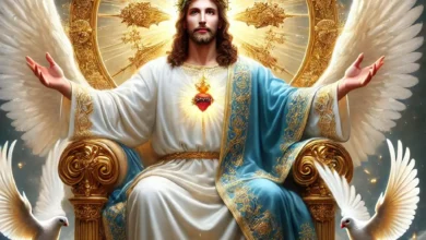 Jesus Christ seated on a golden throne, surrounded by angelic wings and divine light