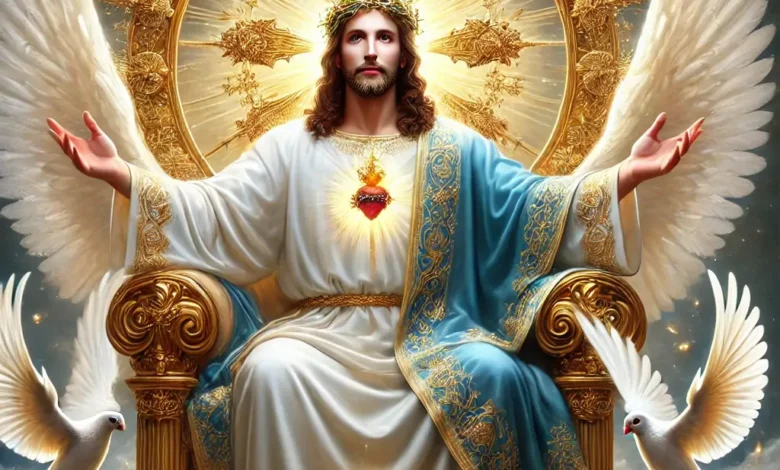 Jesus Christ seated on a golden throne, surrounded by angelic wings and divine light