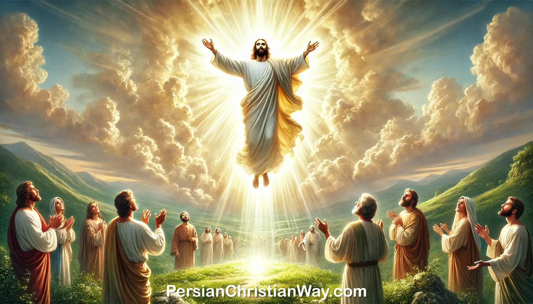 Jesus Christ on Ascension Day ascending towards heaven in divine light while the Apostles look on in amazement.