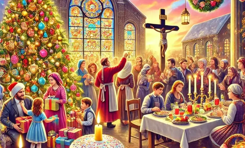 A festive scene of Christian holidays, featuring a decorated Christmas tree, a table with Easter eggs and candles, and people in holiday attire celebrating both Christmas and Easter, with a church in the background.