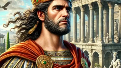 Herod the Great, King of Judea, standing in front of a grand ancient palace, wearing royal garments and a crown with a stern expression, set against a classical architectural backdrop with columns, palm trees, and desert landscape