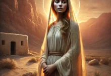 Mary Magdalene in a desert landscape at sunset, with a halo around her head and flowing robes, symbolizing contemplation and redemption