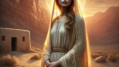 Mary Magdalene in a desert landscape at sunset, with a halo around her head and flowing robes, symbolizing contemplation and redemption