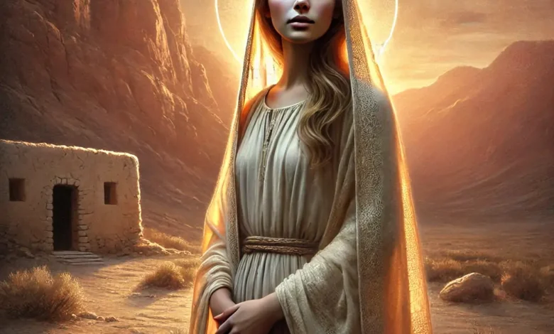 Mary Magdalene in a desert landscape at sunset, with a halo around her head and flowing robes, symbolizing contemplation and redemption