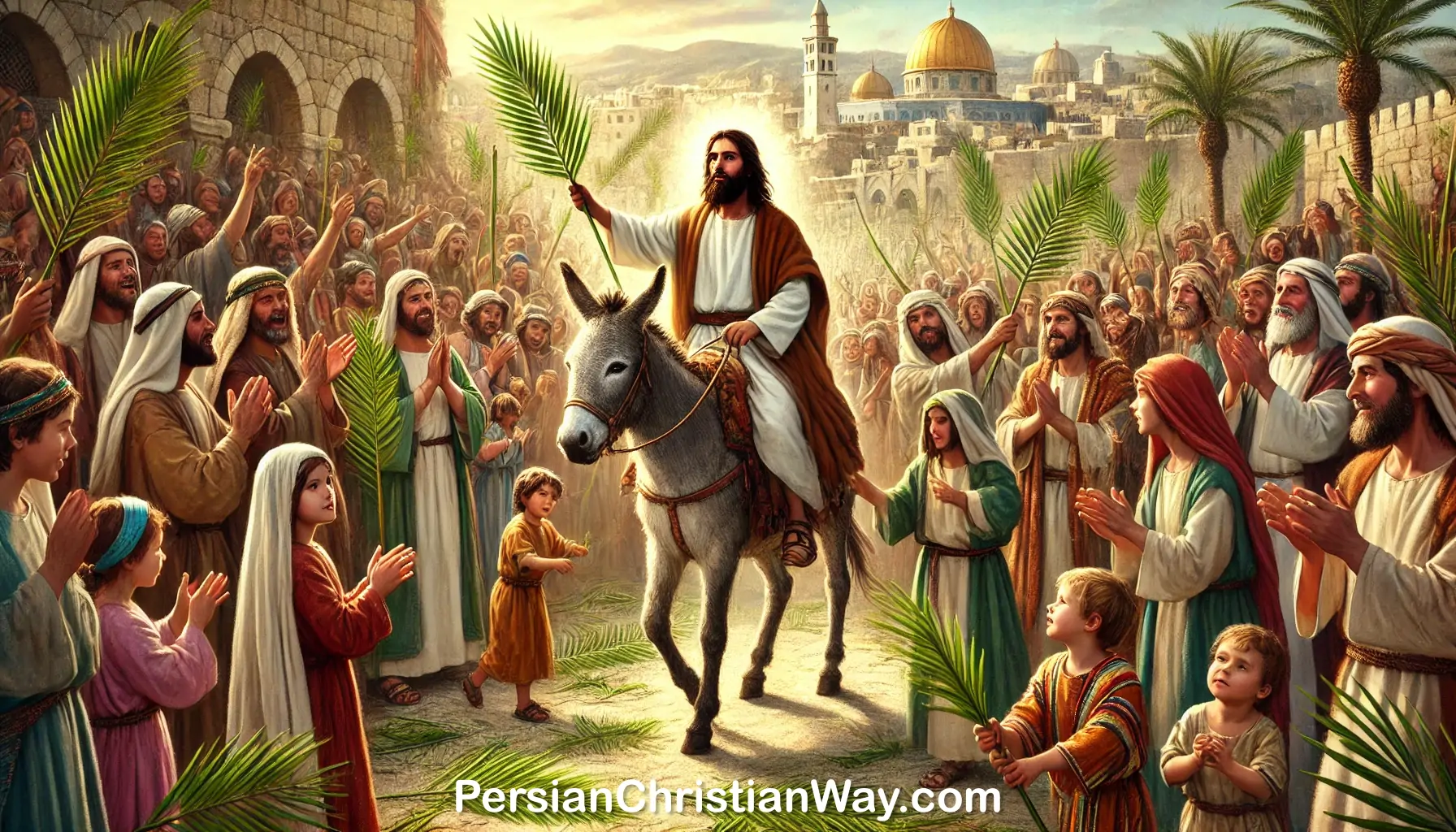 Jesus Christ riding on a donkey during Palm Sunday, with a joyful crowd welcoming him with palm branches, with the city of Jerusalem in the background.