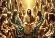 A spiritual depiction of the twelve apostles of Jesus Christ, gathered in discussion, wearing traditional robes, with soft golden light illuminating their faces in a sacred setting