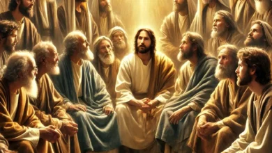 A spiritual depiction of the twelve apostles of Jesus Christ, gathered in discussion, wearing traditional robes, with soft golden light illuminating their faces in a sacred setting