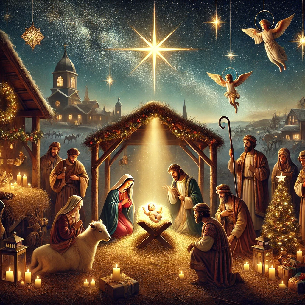 The birth of Jesus Christ on the holy night of Christmas.