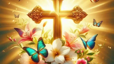 Golden cross surrounded by colorful butterflies and vibrant flowers with rays of light shining in the background