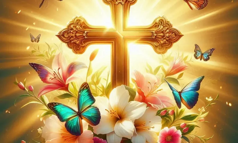 Golden cross surrounded by colorful butterflies and vibrant flowers with rays of light shining in the background