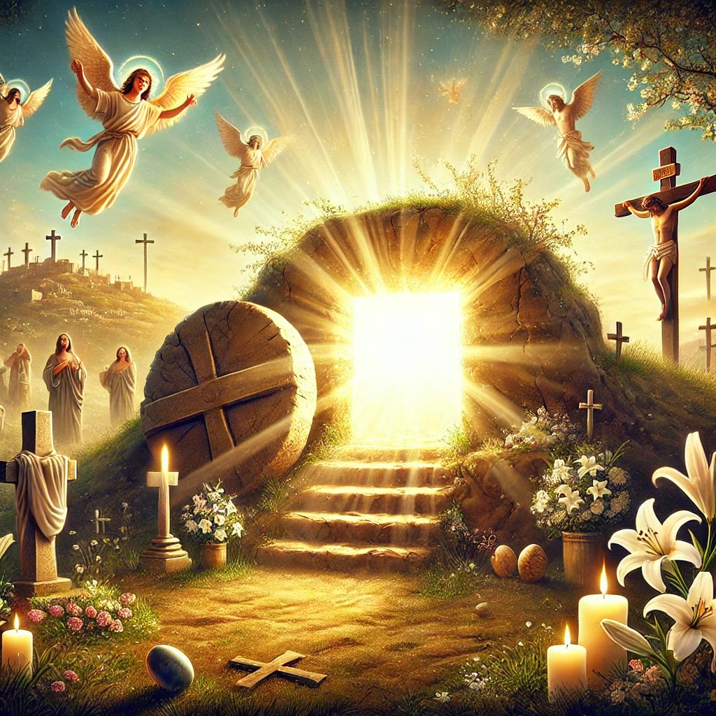 An image of the resurrection of Jesus Christ and symbols related to Easter.