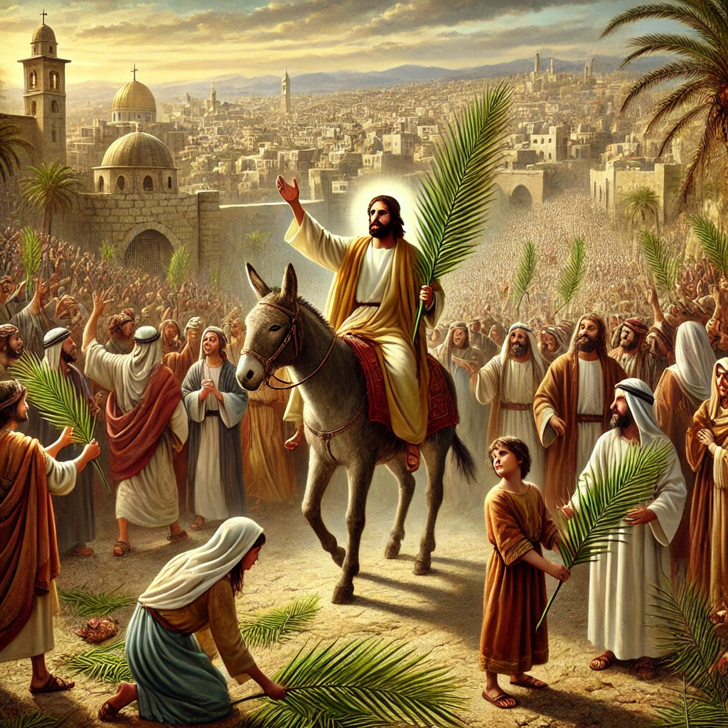 An iconic image of Jesus' entry into Jerusalem on Palm Sunday.