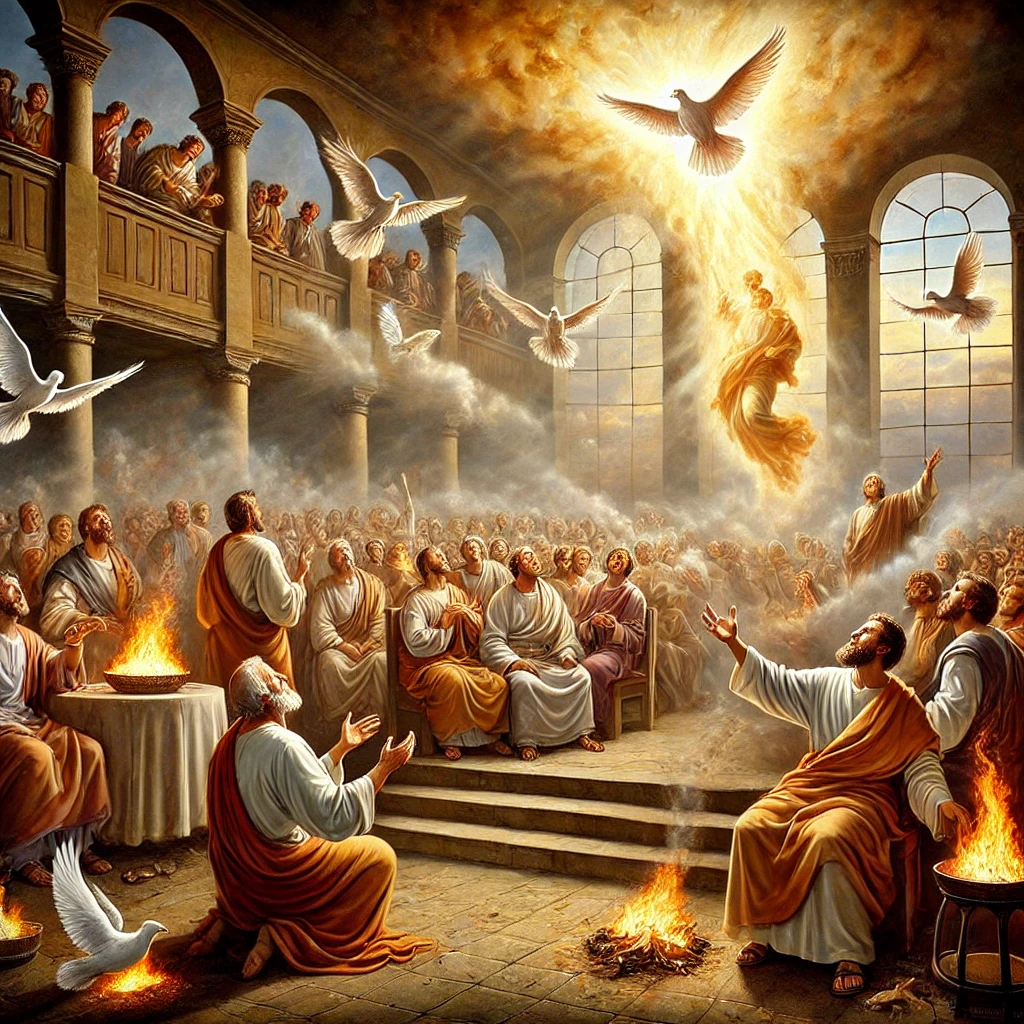 A scene from Pentecost, when the Holy Spirit descended upon the Apostles.