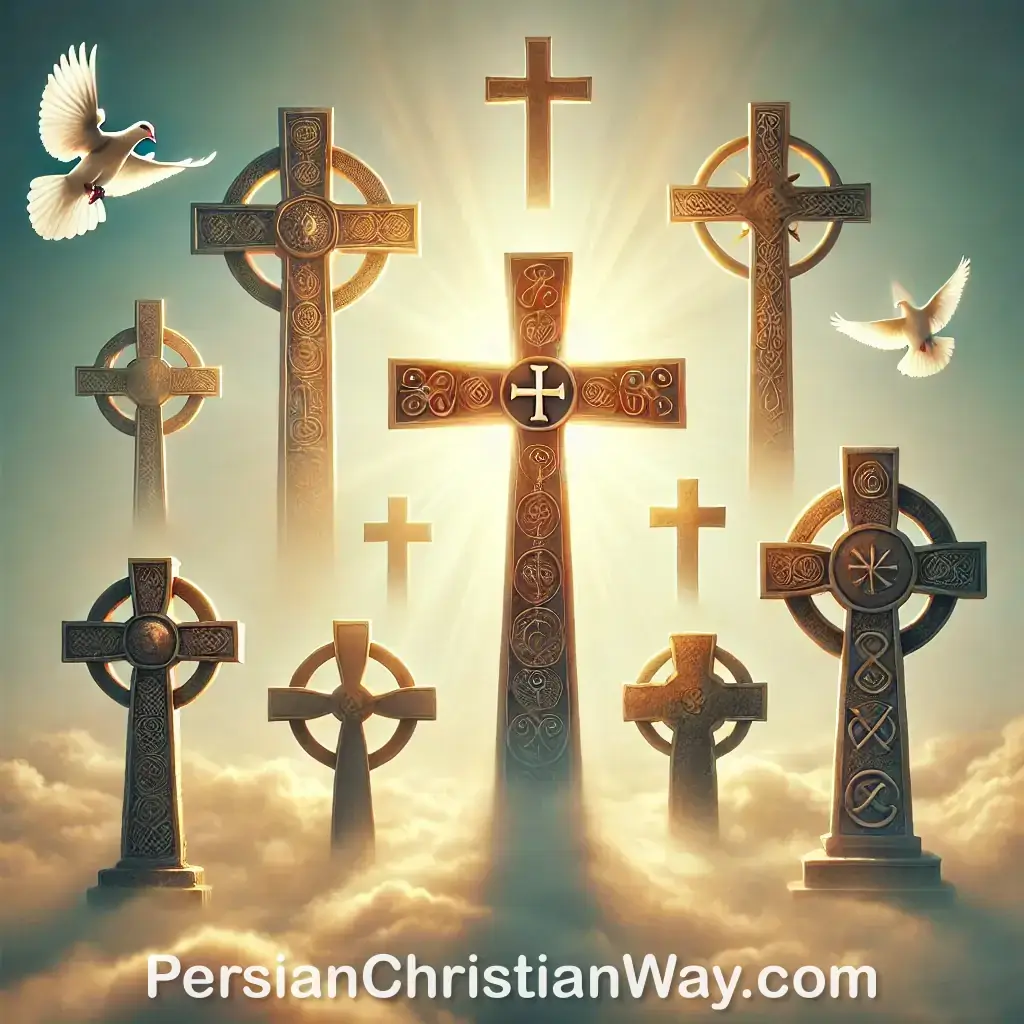 Several types of crosses including the Latin cross, Greek cross, and Celtic cross set against a backdrop of soft light and heavenly clouds. Rays of golden light shine upon them and doves fly in the distance.