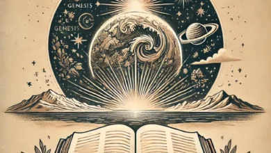 Artistic depiction of the Book of Genesis with an open scroll symbolizing the sacred text. Celestial elements like stars and the sun surround it, with a simple glowing background. Ideal for searches related to downloading the Book of Genesis PDF