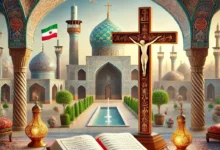 Christian symbols such as a cross and Bible in an Iranian-designed setting, blending Persian architecture and cultural elements with Christianity.