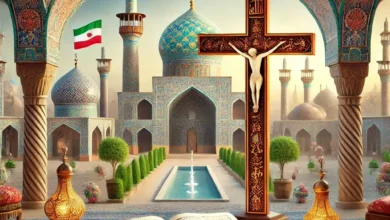 Christian symbols such as a cross and Bible in an Iranian-designed setting, blending Persian architecture and cultural elements with Christianity.