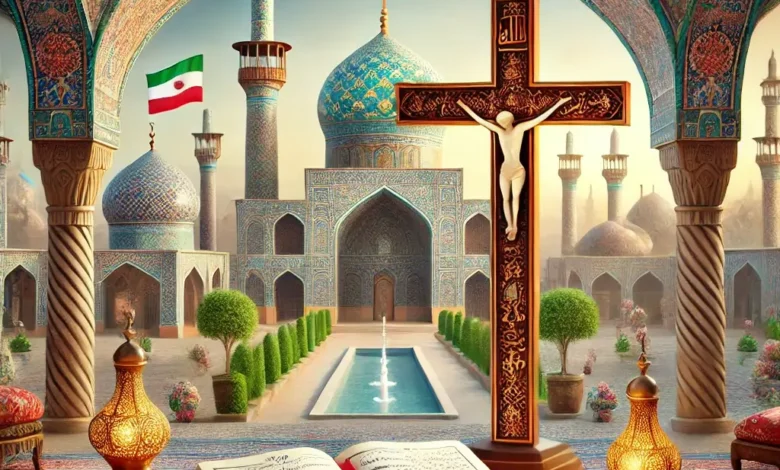 Christian symbols such as a cross and Bible in an Iranian-designed setting, blending Persian architecture and cultural elements with Christianity.