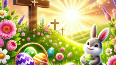 Easter celebration with decorated eggs, a Christian cross, and an Easter bunny in a spring garden