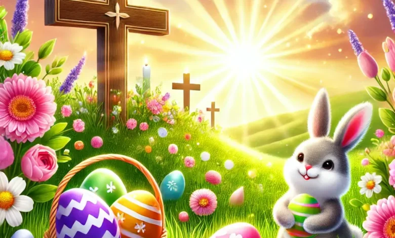 Easter celebration with decorated eggs, a Christian cross, and an Easter bunny in a spring garden