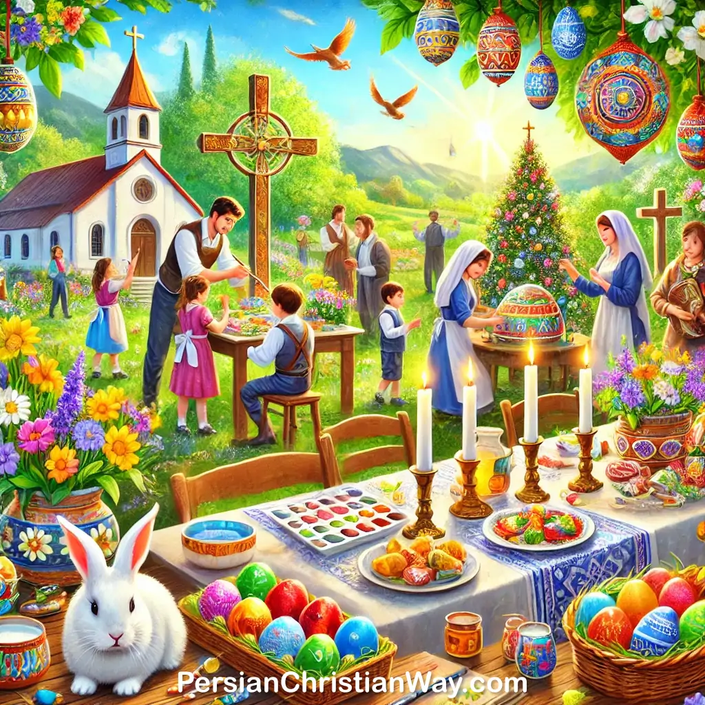 Easter rituals and traditions, including egg decoration, egg hunts, and Easter table