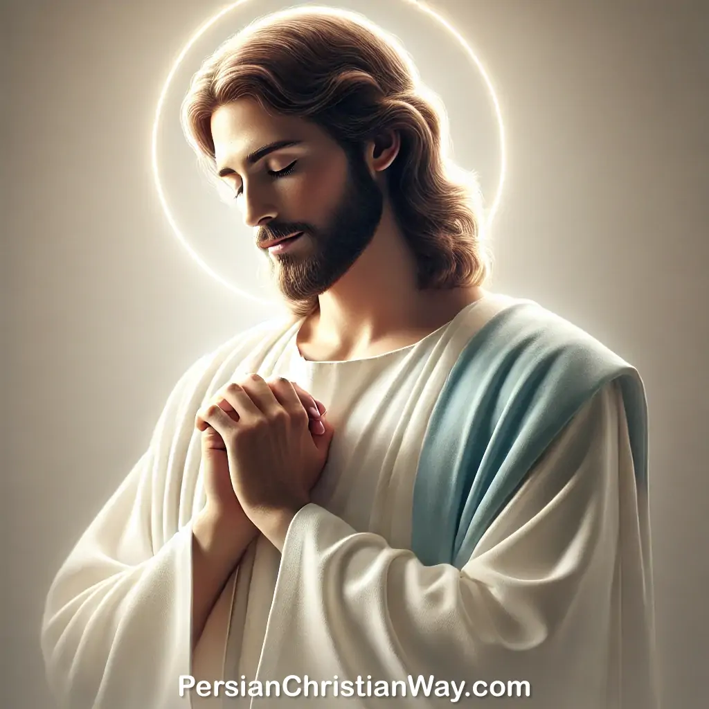 Jesus Christ in a posture of prayer, with hands folded and eyes closed, wearing white and blue robes with a glowing halo