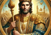 Prophet Solomon with a golden crown and royal staff in the movie King Solomon the Prophet