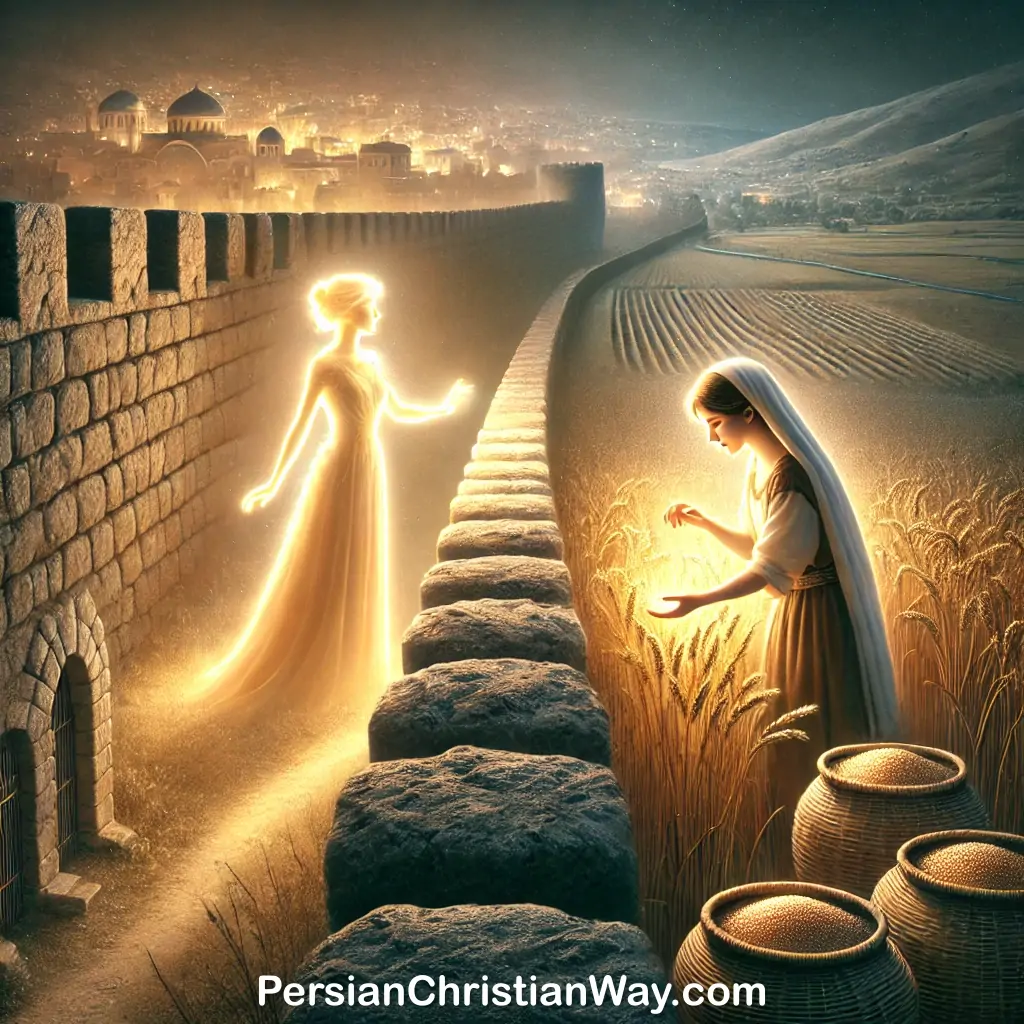 A conceptual image of Rahab and Ruth, with Rahab standing on the city walls of Jericho and Ruth working in the fields, both illuminated by a soft glow representing their inclusion in Jesus' genealogy.