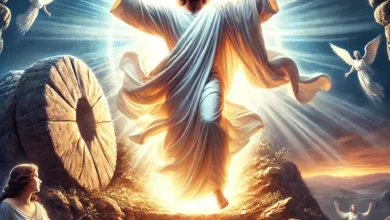 Jesus Christ rising from the tomb in radiant light, wearing white robes, surrounded by angels and divine beams.