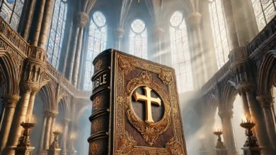 A large Bible with a golden cross on the cover, placed on a stone pedestal in the center of a grand castle hall. Sunlight streams through stained glass windows, illuminating the Bible, creating a divine atmosphere