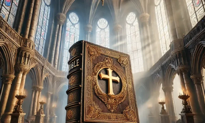 A large Bible with a golden cross on the cover, placed on a stone pedestal in the center of a grand castle hall. Sunlight streams through stained glass windows, illuminating the Bible, creating a divine atmosphere