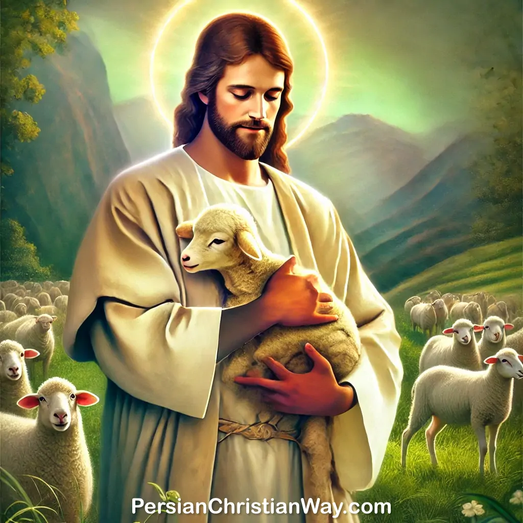 Depiction of Jesus Christ as the Good Shepherd, holding a lamb in His arms with sheep surrounding Him