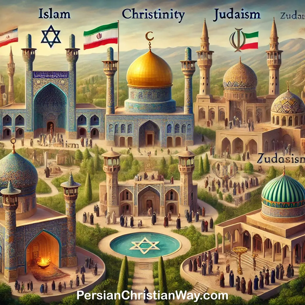 Display of various religions in Iran including Islam, Christianity, Judaism, Zoroastrianism, and Bahá'ism with the specific religious architecture of each religion