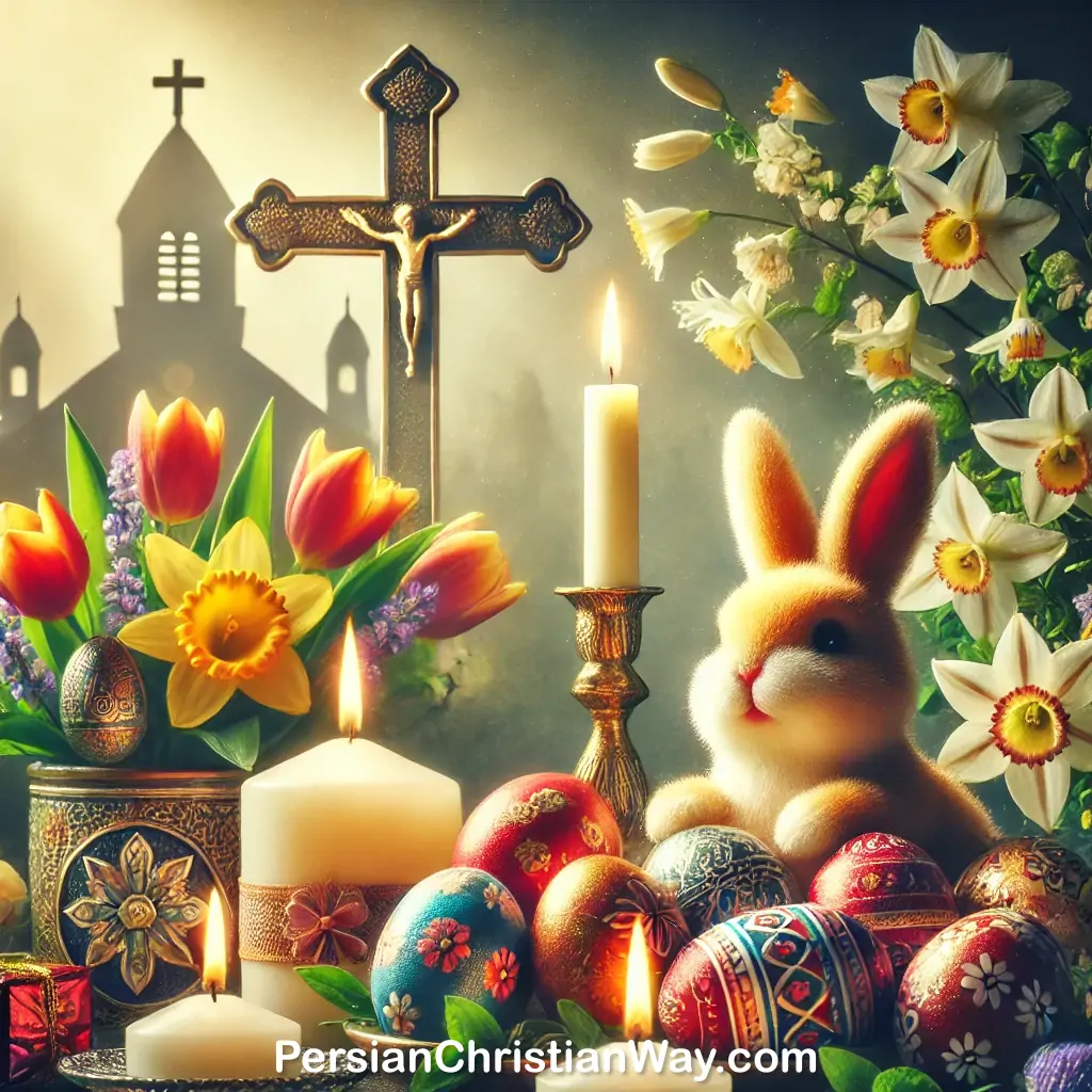 Easter symbols including bunny, colored eggs, Christian cross, and spring flowers