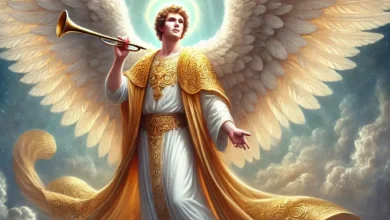 Archangel Gabriel with radiant wings, wearing golden robes, holding a trumpet against a celestial sky